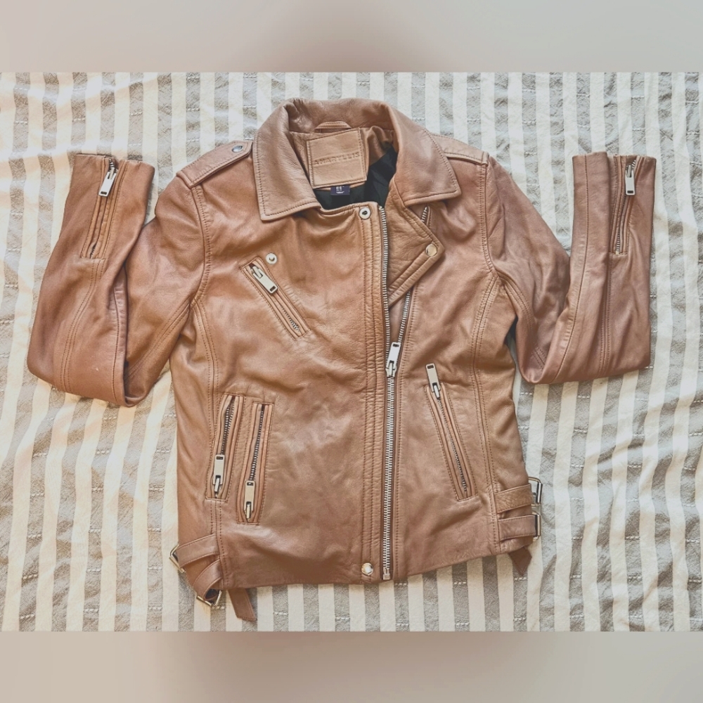 Dusty pink women genuine leather moto jacket